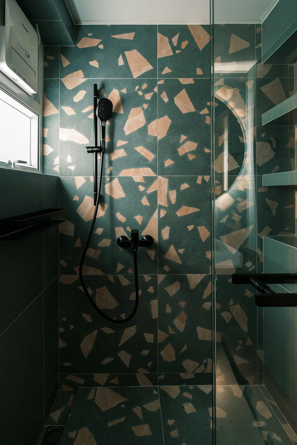 Modern guest bathroom in sceneway garden design with minimalist fixtures and refreshing Feng Shui color tones