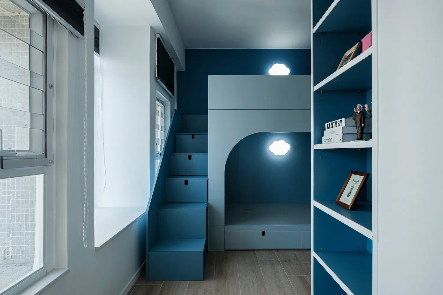 bunk bed designs with storage in blue color