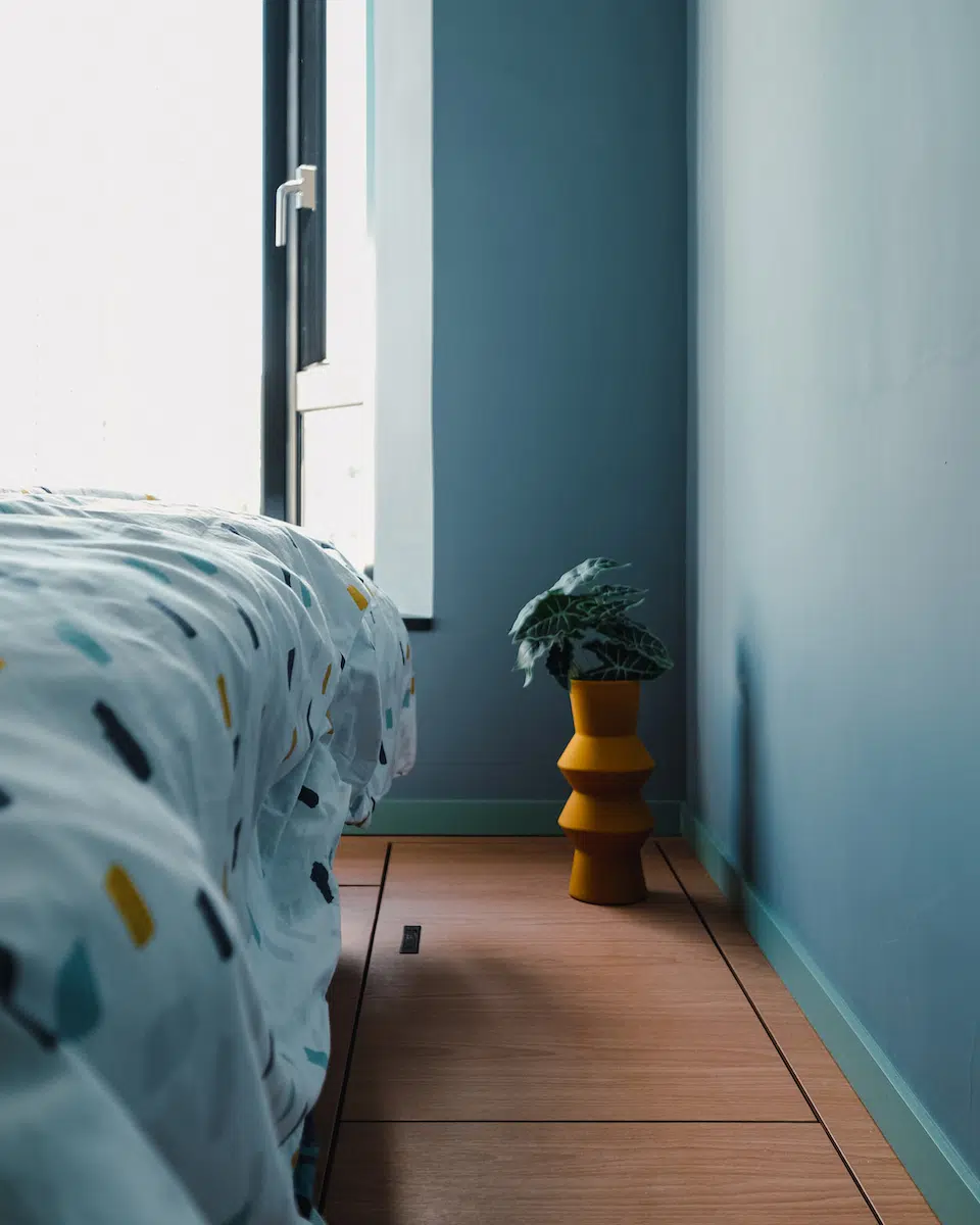 interior design of oak floor with blue grey wall