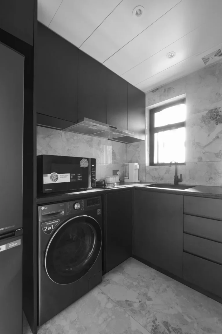 Minimalist kitchen design with gray marble in aqua marine