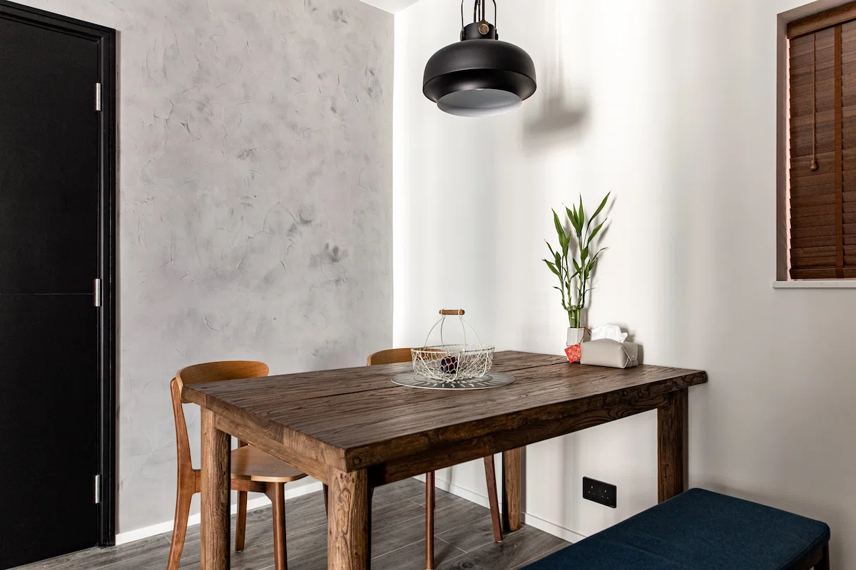 Industrial style interior design featuring wood furniture