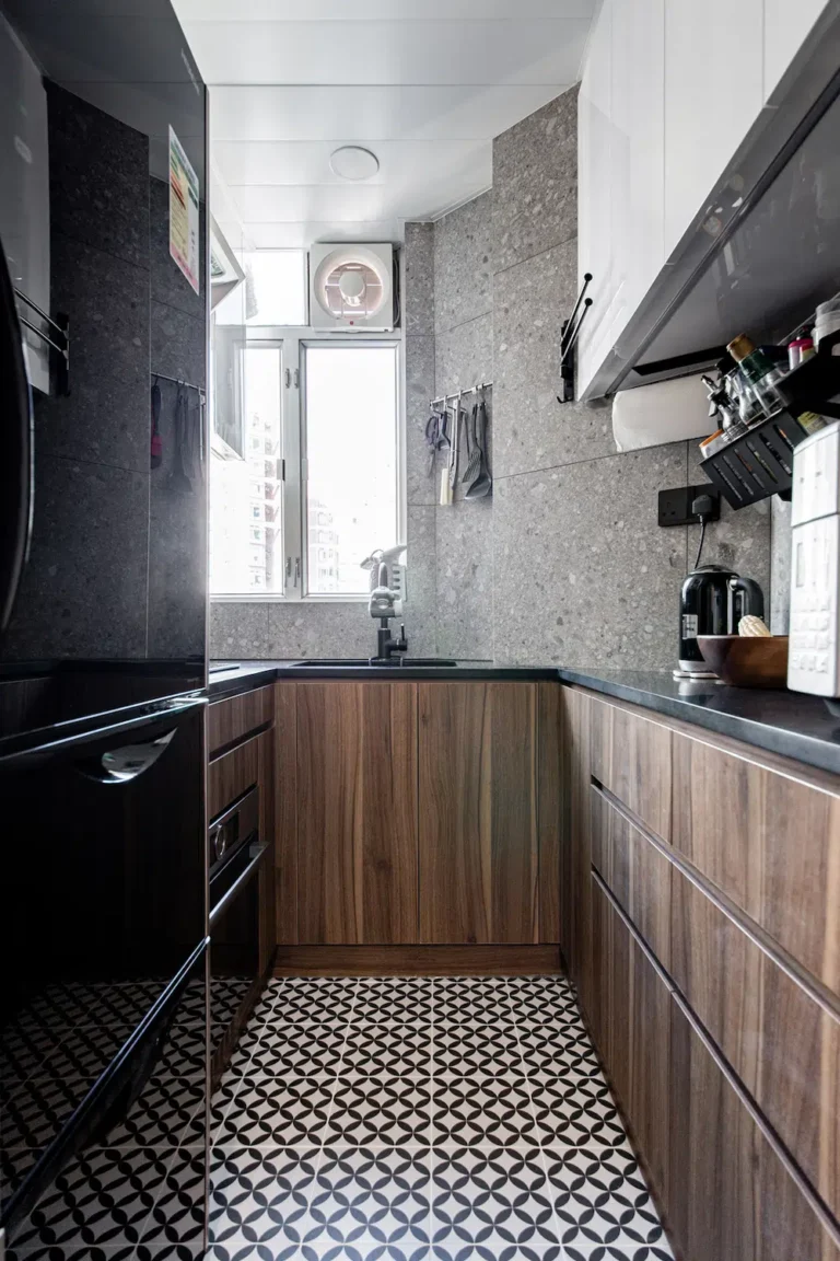 Industrial style kitchen design with walnut wood cabinet