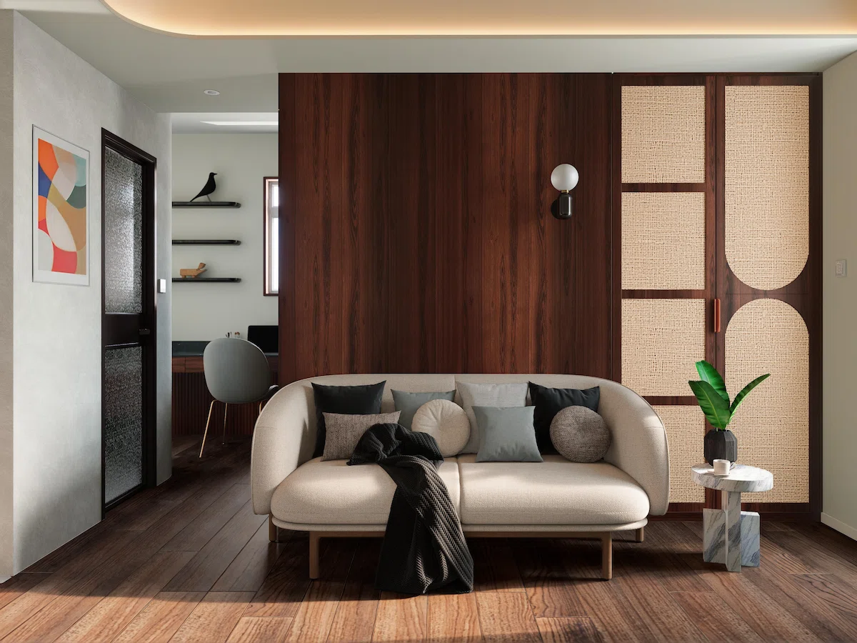 Mid-century style interior design with wooden panel