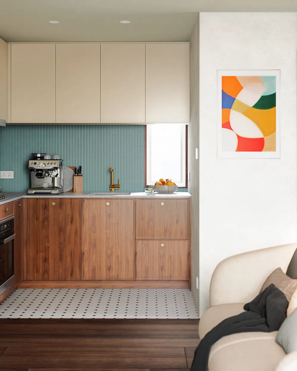 interior design of kitchen with Mid-century style