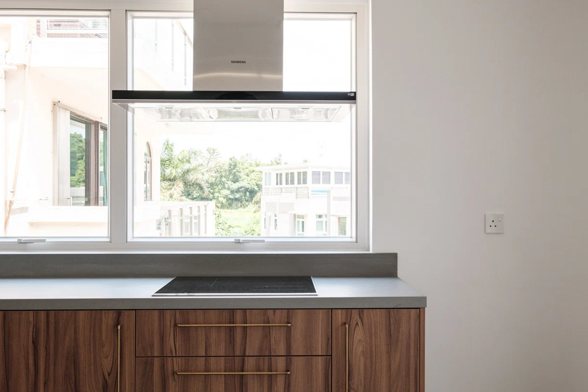 Japanese style kitchen cabinet design with walnut wood