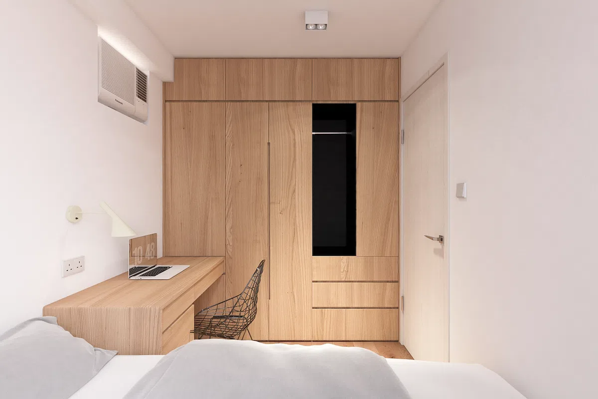 bedroom design in Muji style with oak wood high wardrobe