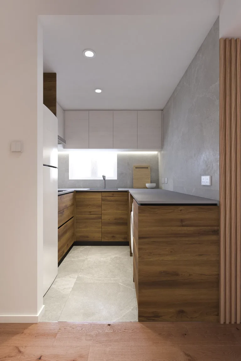 kitchen design in Muji style with grey top and wooden cabinet