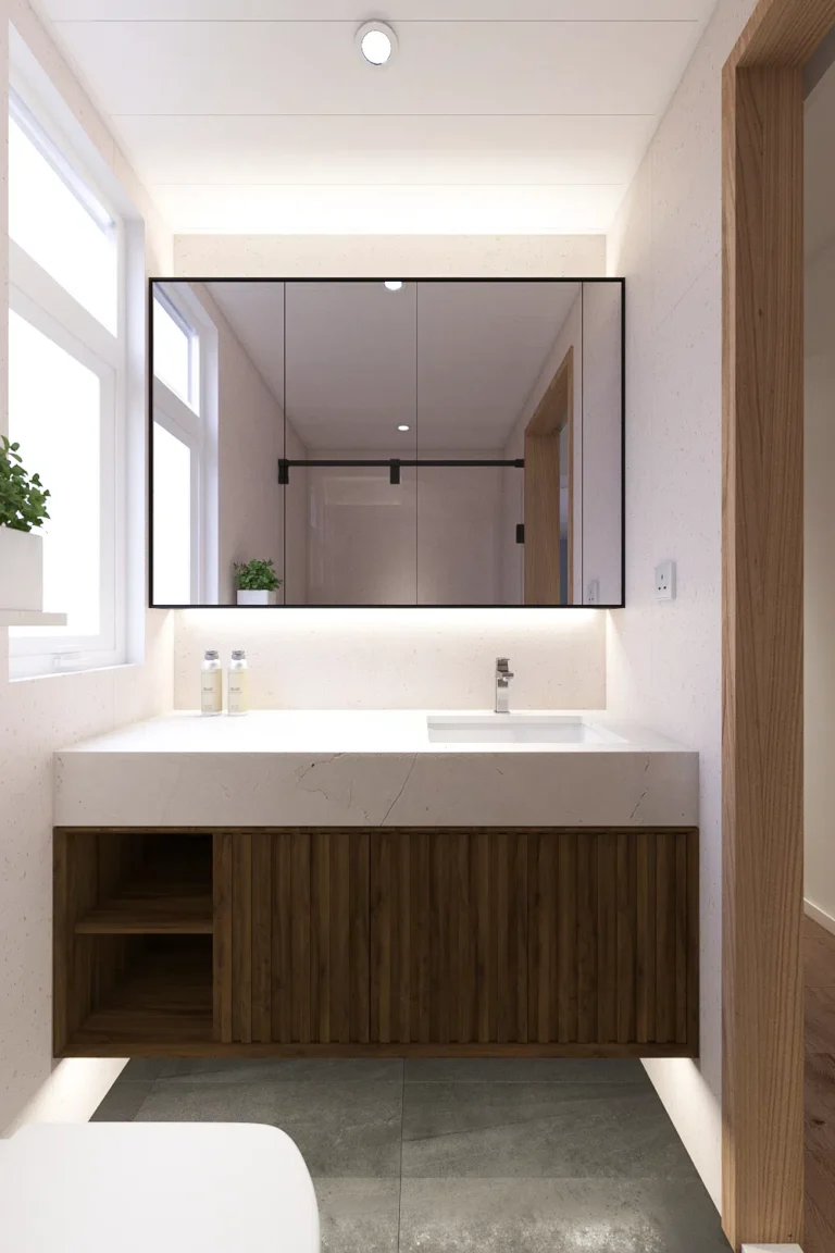 bathroom design in Muji style with off-white top and wooden cabinet