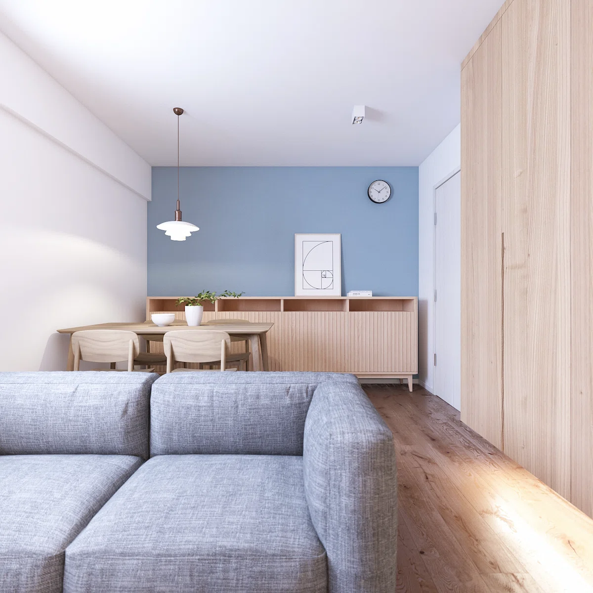 Living room interior design in Muji style and blue color wall