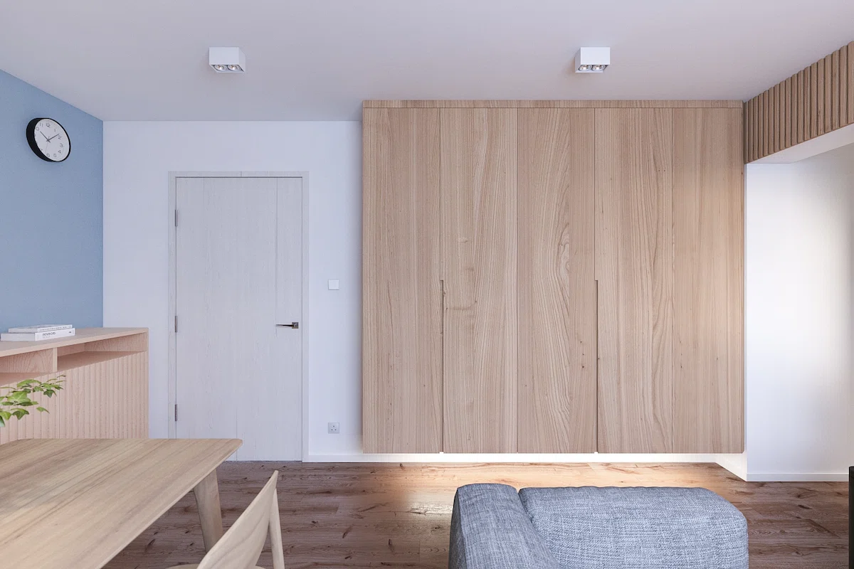 corridor design in Muji style with oak wood cabinet