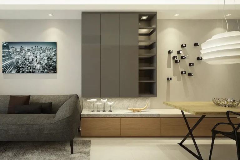living room interior design with wood cabinets and gray sofa
