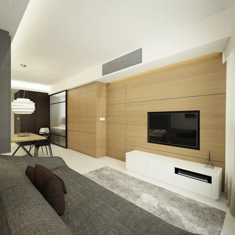 living room interior design with wood tv wall panel