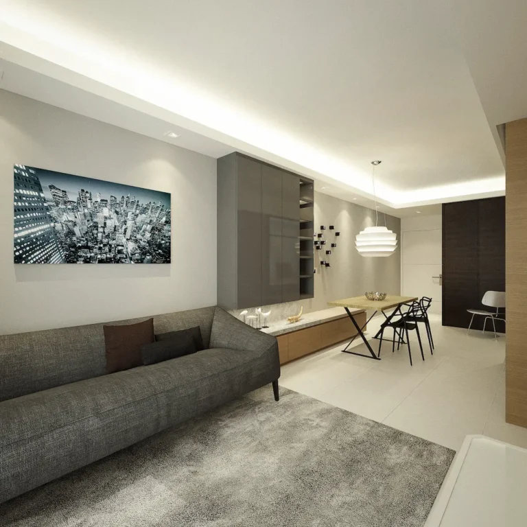 living room interior design with wood cabinets and gray sofa
