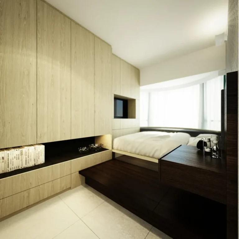 bedroom interior design with wood cabinets and black storage platform