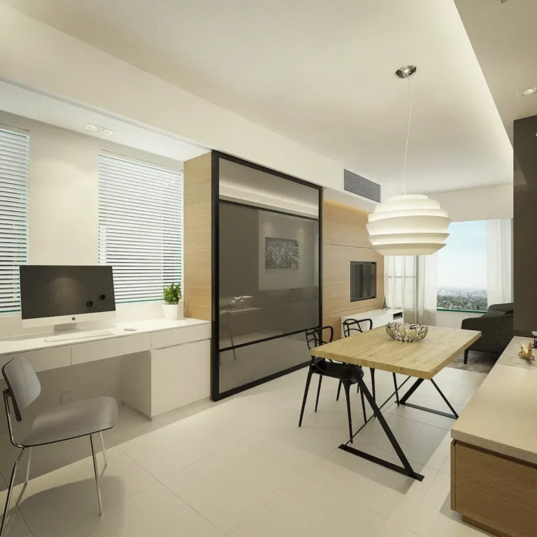 living room interior design with wood cabinets and sliding door