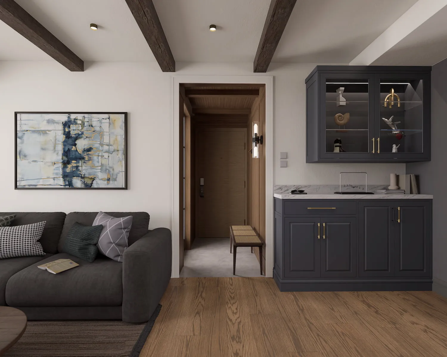 Heritage living room featuring exposed dark wood ceiling beams, a grey sofa, and custom blue-grey side cabinets.